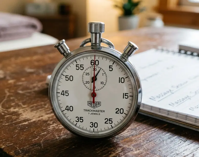 Vintage stopwatch set beside a massage table, representing hands-on massage time.