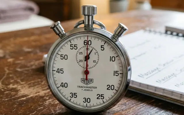 Vintage stopwatch set beside a massage table, representing hands-on massage time.