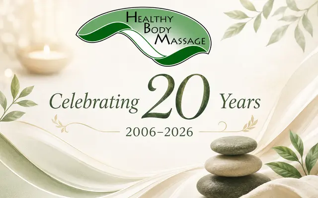 Healthy Body Massage 20th anniversary graphic celebrating 2006 through 2026